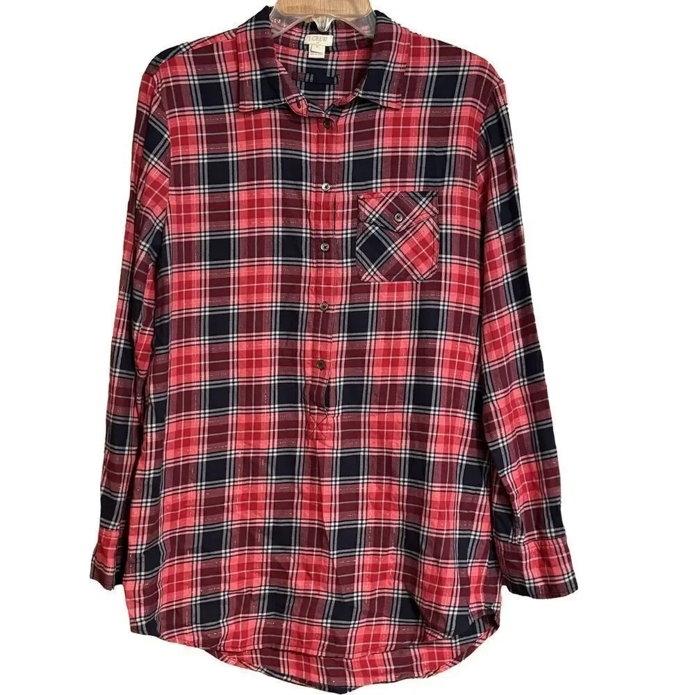 J CREW Pink and Navy Plaid Flannel Tunic with Gold Metallic Threads Size Medium
